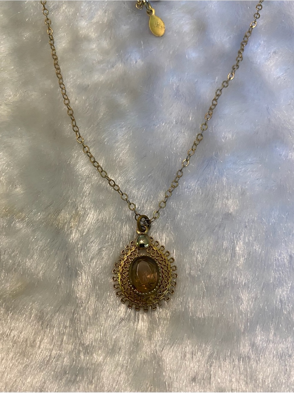 🍀VTG 12K GF TLC Gold Filigree Pendant Necklace with Amber Stone